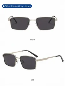 Men metal square polarized sunglasses front side detail view grey lens silver frame eyewear