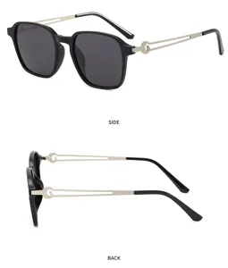 Detailed view of fashionable polarized sunglasses with stylish metal temples and square black frames.