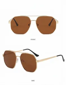 Detailed view of men's polarized metal sunglasses with stylish polygon frames and brown lenses.