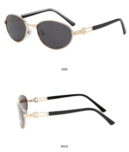 Men retro metal oval sunglasses polarized UV protection detail view showing side and temple.
