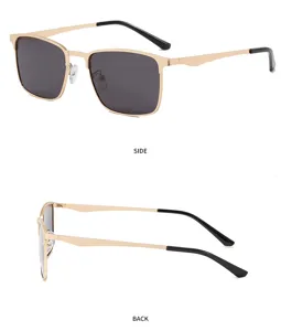 Detailansicht der quadratischen Metall-Sonnenbrille mit schwarzen Bügeln und grauen Gläsern.