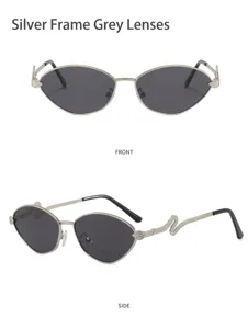Detailansicht der Herren Metallrahmen Sonnenbrille mit einzigartiger Schlangenbügel-Dekoration.