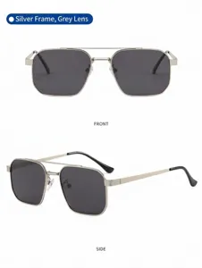 Men's polarized metal sunglasses with square double bridge design, clear driving optics.