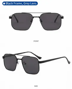 Detail view of modern square polarized sunglasses with sleek double bridge and grey lenses.