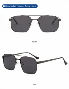 Men's metal frame polarized sunglasses with double bridge and square grey lenses for driving.