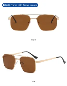 Men's retro square polarized sunglasses with gold metal frame and brown lenses for outdoor driving.