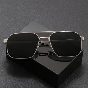 Men stylish metal double bridge square sunglasses with dark UV lenses for outdoor driving.