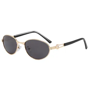 Men's polarized retro metal oval sunglasses, classic gold frame black lens main product view.