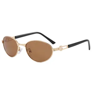 Men's retro gold oval frame sunglasses with brown polarized lenses and black temples.