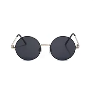 Close-up view of metal round children sunglasses frame and dark polarized lenses details.