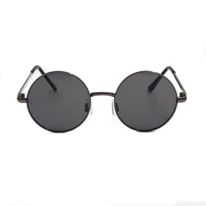 Metal frame round sunglasses detail view, black UV protection lenses for children.