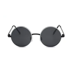 Classic metal round frame sunglasses detail shot showing premium black lenses and fine structure.