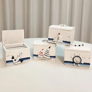Mediterrane houten opbergdoos bureau klassieke witte kleine sieradendoos maritieme decoratie