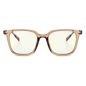 Clear close-up detail of the transparent brown frame anti-blue light glasses, square shape.