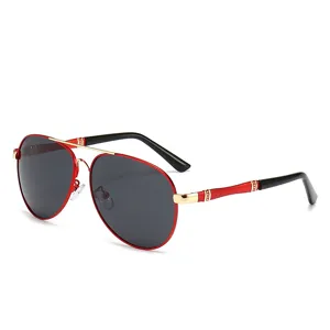 Men's metal frame aviator polarized sunglasses with red and black design for sunny days.
