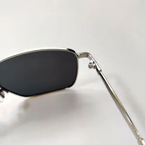 Detaillierte Nahaufnahme des eleganten silbernen Metallscharniers an modischen Sonnenbrillen.