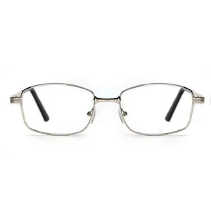 Silver metal frame reading glasses with classic rectangular shape and comfortable black tips.