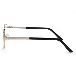 Detailed side view of metal reading glasses featuring thin frame and comfortable black temples.