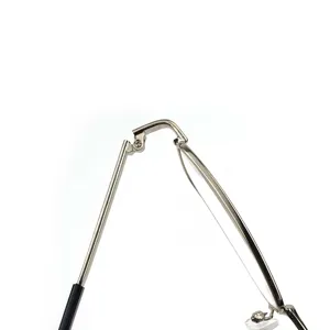 Detail view of reading glasses hinge and metal frame construction, lightweight and durable build.