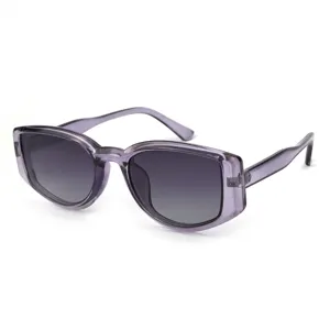 Women fashion sunglasses with transparent purple thick frame and gradient grey UV lenses.