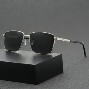 Lunettes de Soleil Polarisées pour Hommes Affaires Monture Carrée Métal Anti-UV Conduite Plein Air