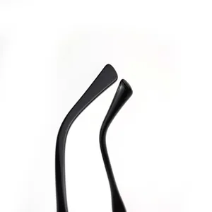 Close-up detail shot of black sunglasses temple and arm tip, simple modern minimalist design.