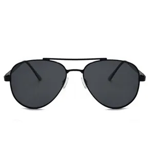 Detail shot of classic black metal aviator sunglasses with polarized lenses, UV400.