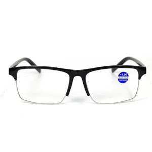 Nahaufnahme von Halbrand-Blaulichtfilter-Lesebrille mit Dioptrien und klaren Kunststoffgläsern.
