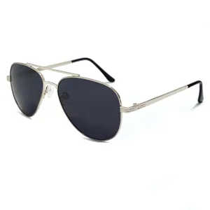 Close-up detail of metal double bridge aviator sunglasses frame and dark polarized lenses.