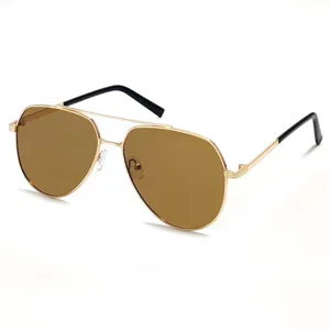 Close-up detail of luxury metal aviator sunglasses featuring double bridge and brown lenses.