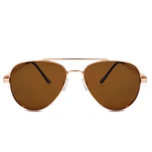Classic men's aviator sunglasses with UV400 polarising brown lenses and gold metal frame.