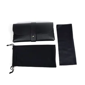 Schwarzes PU-Leder Brillenetui Set mit praktischem Aufbewahrungsbeutel und Mikrofasertuch.