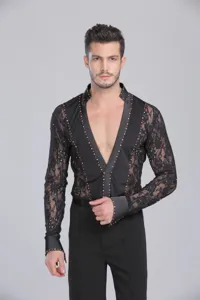 Men's black lace V-neck Latin dance top with long sleeves and sparkling rhinestone decorations.