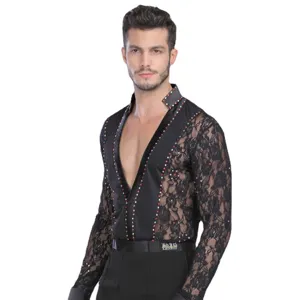 Ανδρικό Μακρυμάνικο Top Χορού Latin με V Λαιμόκοψη Patchwork Δίχτυ Στρας Κοστούμι Ρούχων Χορού για Διαγωνισμό Σκηνής