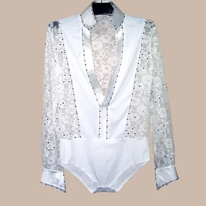 Detailed view of the white lace mesh long sleeve dance top with sparkling rhinestone trim.
