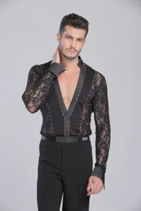 Men black lace long sleeve V-neck Latin dance top with rhinestones for stage performance.
