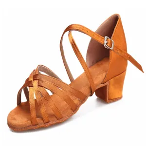Children's satin latin dance shoes low heel tan dance shoes indoor soft sole kids dance footwear