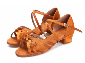 Children satin Latin dance shoes detail view, soft sole low heel tan shoes for girls.