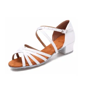 Kids women satin latin dance shoes white low heel indoor soft sole professional dance footwear