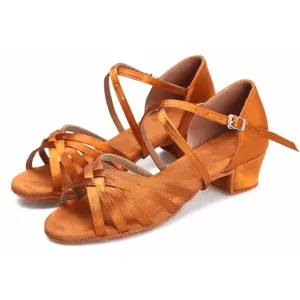Children satin Latin dance shoes indoor soft sole low heel tan girls dance footwear