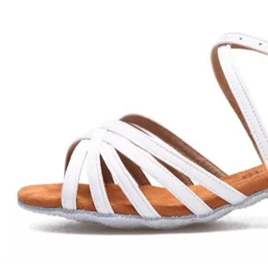 Kids white satin latin dance shoes with soft sole and multi straps for indoor practice.