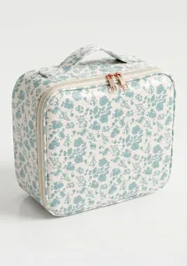 Portable blue floral cosmetic bag with spacious interior and double zippers for daily use.