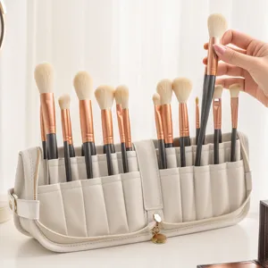 Portable Foldable Travel Cosmetic Bag Large Capacity PU Leather Makeup Brush Organizer Storage Pouch For Women