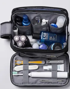 Multi-functional travel toiletry bag with compartments, large capacity makeup storage pouch.