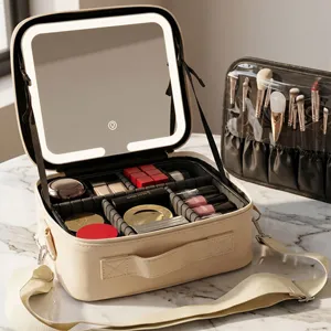Large Capacity PU Leather Makeup Bag with LED Light Mirror Multifunctional Travel Cosmetic Organizer Crossbody Handbag