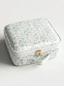 Blue and white floral cosmetic bag, portable makeup storage box with handle and zipper.