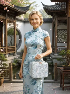 Portable cosmetic train case with blue and white floral print, large capacity travel makeup bag.