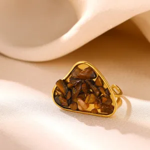 Bague géométrique en pierre naturelle concassée irrégulière en acier inoxydable plaqué or 18k