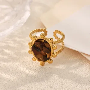 Bague En Acier Inoxydable Plaque Or 18K Pierre Naturelle Ambre Retro Geometrique Femme