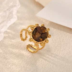 Bague en acier inoxydable plaqué or 18k pierre naturelle ambre rétro géométrique irrégulière
